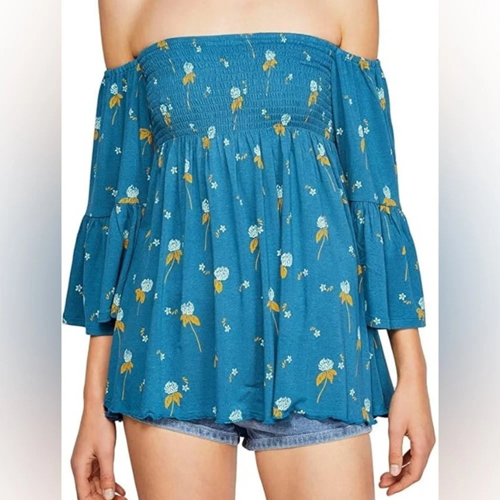 Free People Lana Off Shoulder Smocked Tunic NWOT Mermaid / Teal : Small Boho